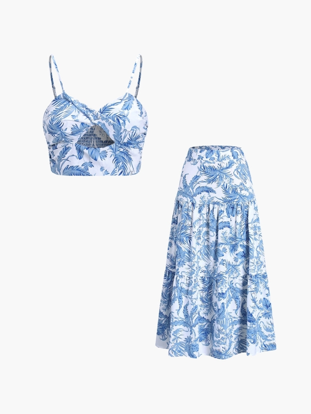 Commense Blue Tropical Print Tiered Midi Skirt Large